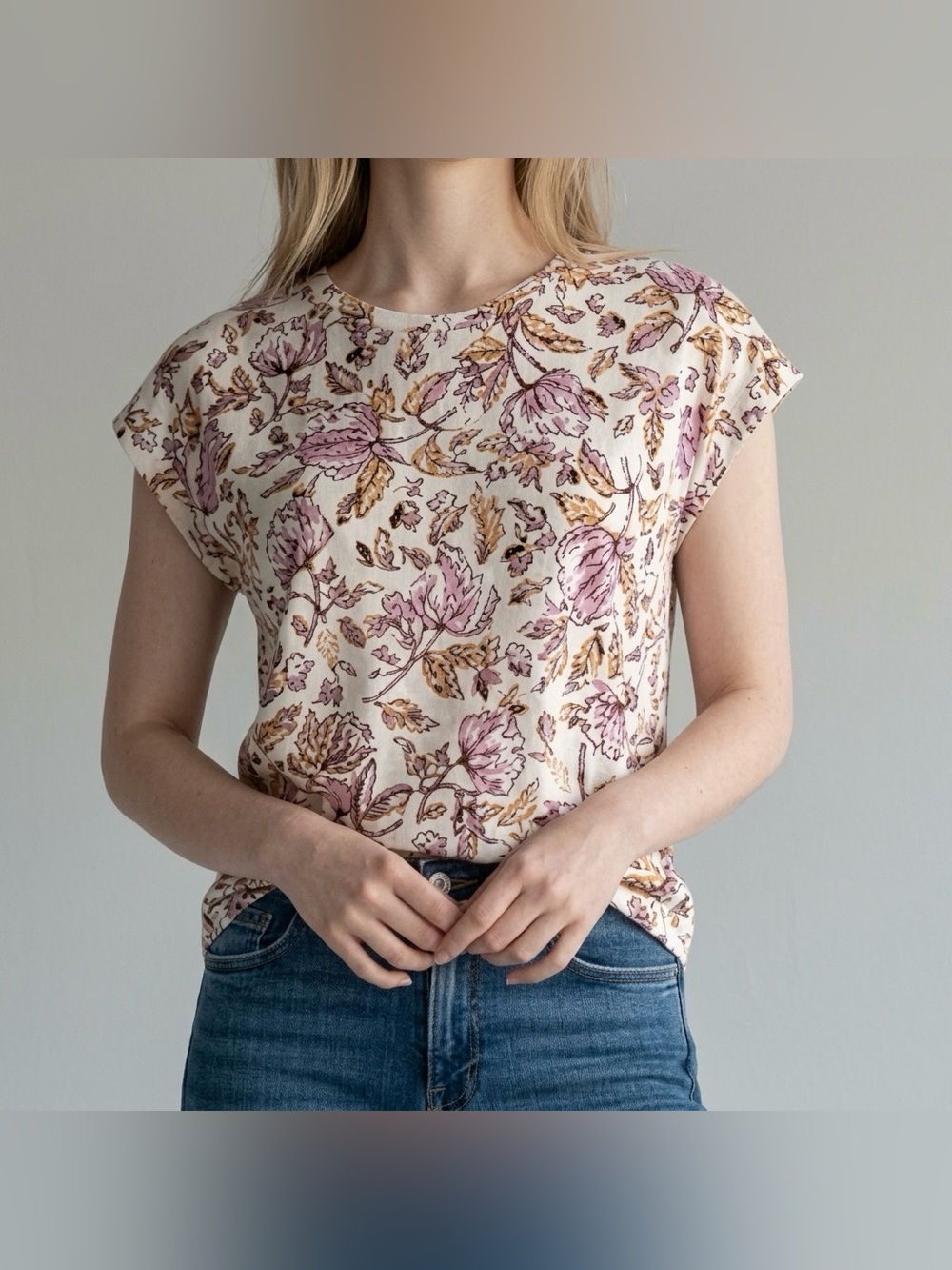 Haute Hippie 100% Linen Button Back Pink Lilac Floral Short Sleeve Top Medium